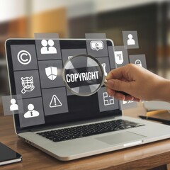 Businessman working on laptop, copyright and patent concepts, intellectual property, author rights, license