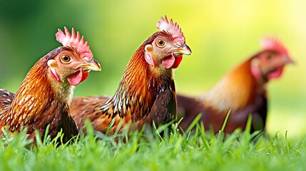 Fototapeta premium Three hens in grass, close-up.