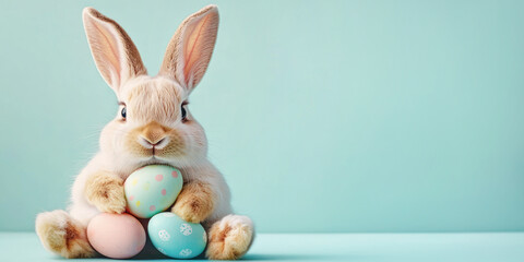 Fluffy rabbit holding pastel Easter eggs on a light blue background with space for text.