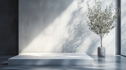 Obraz premium A minimalist interior scene featuring a platform and a potted tree in soft natural light.