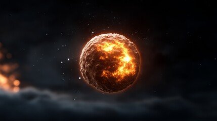 Obraz premium A fiery, glowing planet surrounded by dark cosmic clouds, showcasing vibrant orange and yellow hues.