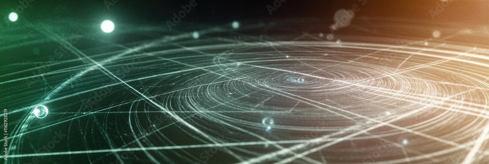 Poster Visualizing Cosmic Energy and Movement Through Swirling Lines and Orbs in a Dark Space Environment