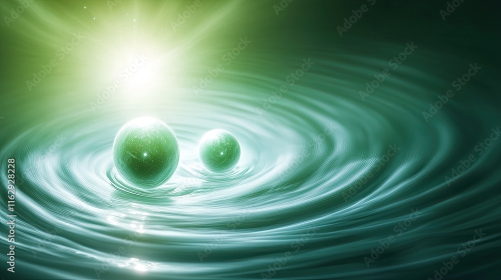 Poster rippling water with luminous orbs reflecting light in an ethereal green setting