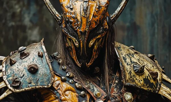 A warrior in ornate armor with horns and spikes, showcasing a fierce and dramatic design.