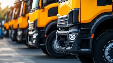 A row of yellow trucks parked, showcasing their design and industrial purpose.