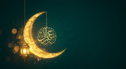 Glowing golden crescent moon with lantern and Arabic calligraphy for Ramadan festive greeting, perfect for Ramadan celebration