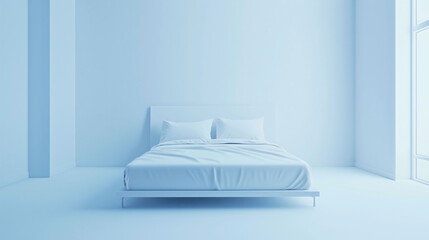 A minimalist all-white room in a simple and open style, a bedroom with only one large white bed in the center.