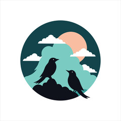 Birds Silhouette Against the Moon and Clouds Retro Vintage Vector Art