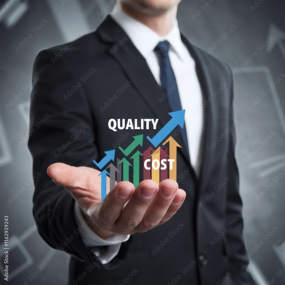 Poster businessman analyzing quality increase, cost optimization graph for efficient business operations an
