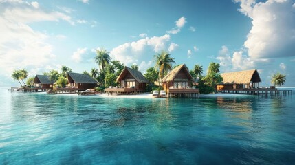 Obraz premium A tropical island with overwater bungalows and crystal-clear water.