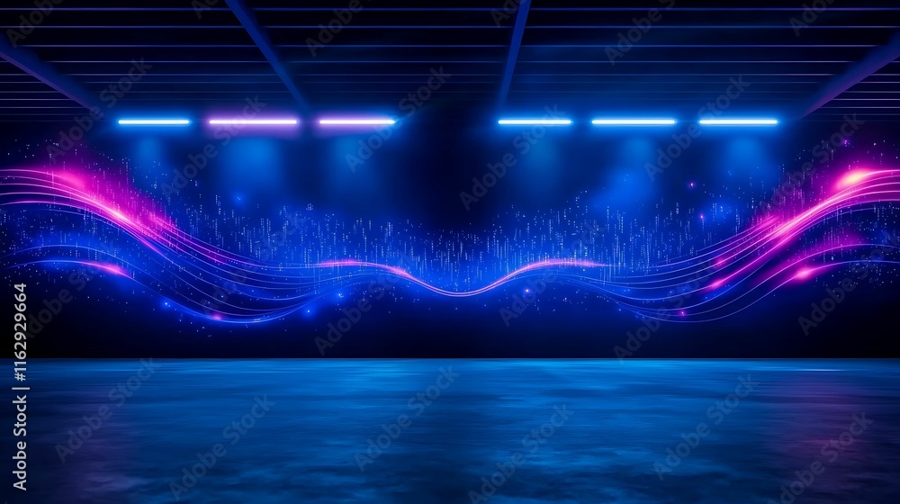 Poster a vibrant, illuminated backdrop with flowing light patterns in blue and pink, creating a dynamic and