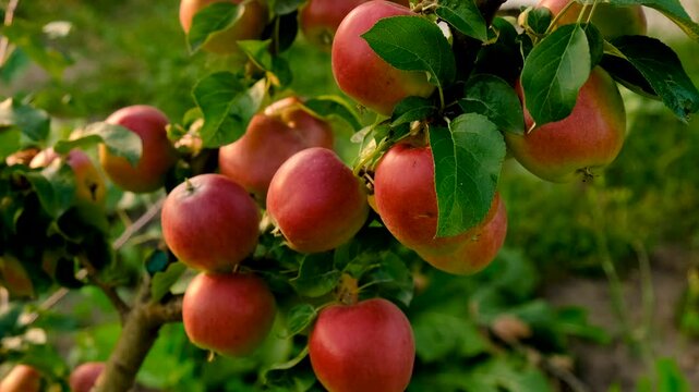 Apple harvest on a tree in an orchard. Selective focus.