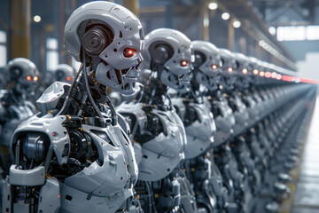 Fototapeta premium army of robots at the factory,. 