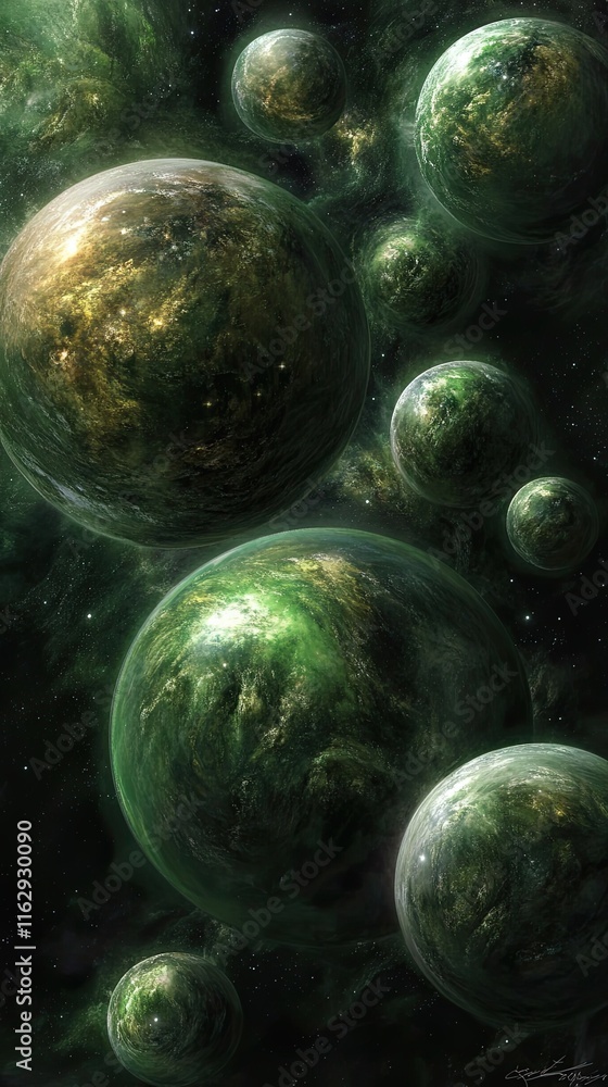 Poster exploring the intricate theory of great unification among diverse cosmic spheres in a vast universe