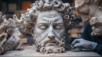 Naklejka premium Sculptor Carefully Restores Ancient Stone Head