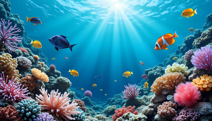 Obraz premium Underwater scene with colorful fish swimming among coral reefs