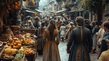 Naklejka premium Couple Walks Through A Crowded Medieval Marketplace