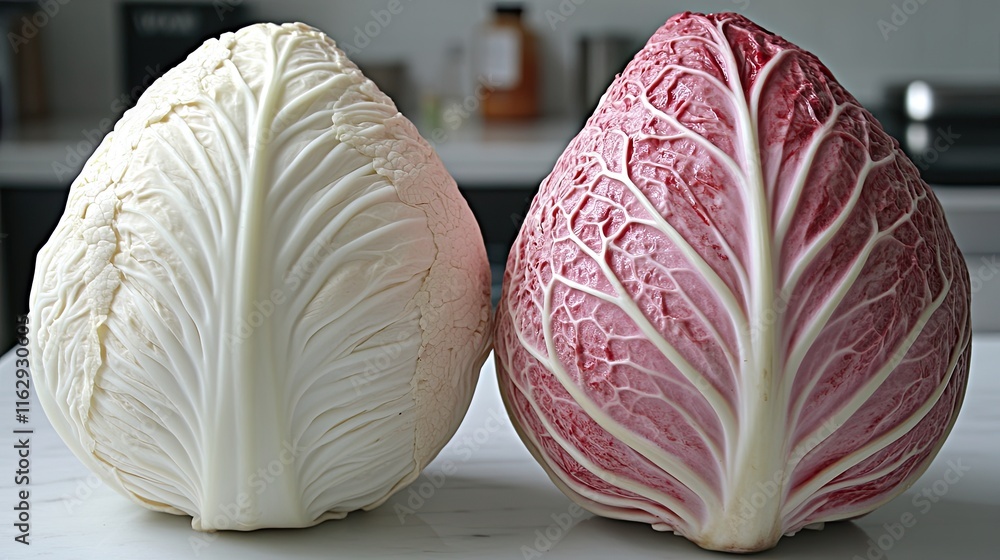 Poster Cabbages in Vibrant White and Red Hues Displayed on a Clean White Table With a Soft Background