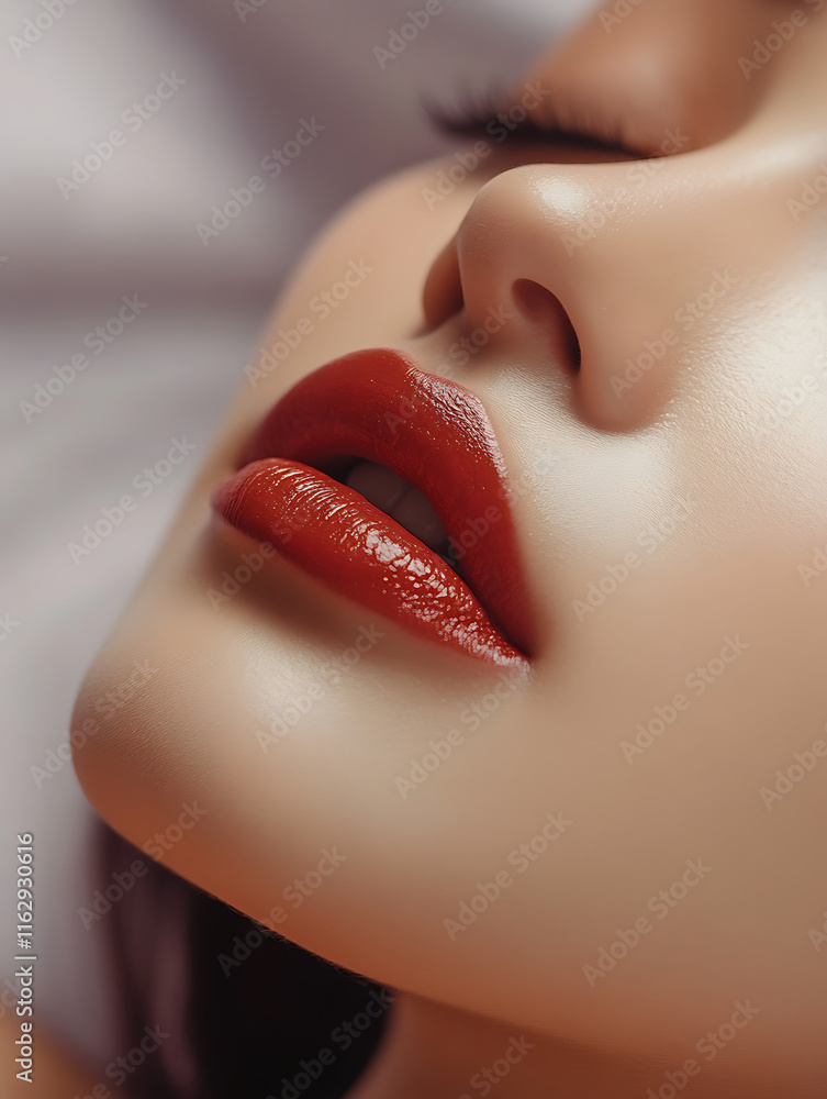 Poster close up of lips with glossy red lip color, showcasing smooth skin and soft features, creating allur