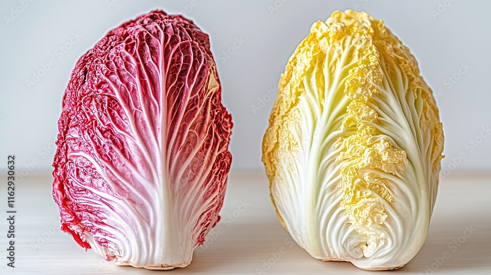Poster vibrant contrast of red and white cabbage highlighting freshness on a simple table setting