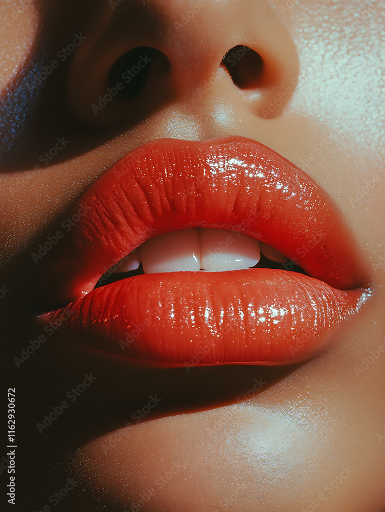 Poster close up of glossy red lips with hint of shine, showcasing vibrant look. smooth texture and bold col