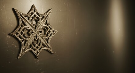 Detailed Islamic star ornament with metallic texture and warm golden hue, symbolizing cultural richness and artistic tradition, perfect for spiritual or festive project
