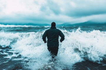 Fitness motivation drives exercise and self-improvement. Person walking into ocean waves under a cloudy sky.