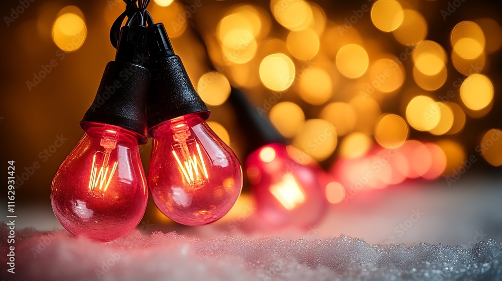 Poster red string lights resting on faux snow