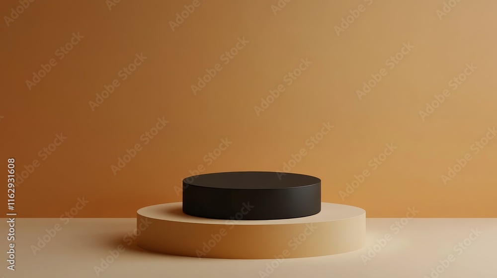 Aufkleber a minimalist display featuring a black circular object on a light circular base against a warm backd