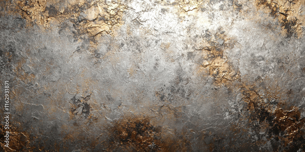 Poster abstract textured surface with a blend of metallic silver and gold tones, featuring cracked and weat