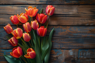 beautiful tulips on a wooden background,.    