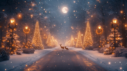 Fototapeta premium Twinkling Lights and Winter Whimsy: A Magical Forest Scene