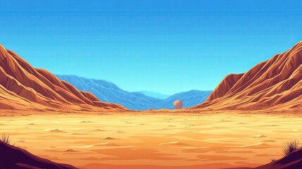 Naklejka premium Stunning Arid Desert Landscape with Vast Sandy Terrain and Majestic Mountain Range under Clear Blue Sky - Perfect for Nature, Travel, Adventure Themes
