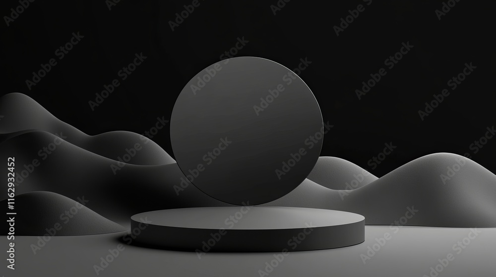 Poster a minimalist black scene featuring a circular object on a platform against undulating shapes.