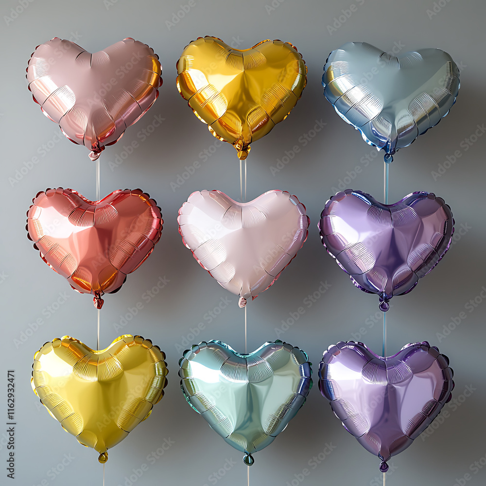 Poster heart shaped balloons in various colors arranged in grid pattern create festive and cheerful atmosph