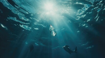 Fototapeta premium An underwater scene depicting a plastic bottle with fish swimming nearby.