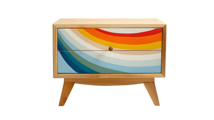 Wooden nightstand featuring a drawer decorated with a painted rainbow design. Playful and colorful accent to any room  isolated on white background