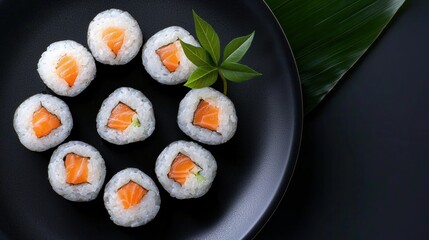 A plate of sushi with a leaf on top