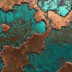 A mesmerizing abstract artwork featuring a textured copper surface with a deep turquoise patina and scattered golden droplets resembling a celestial landscape.