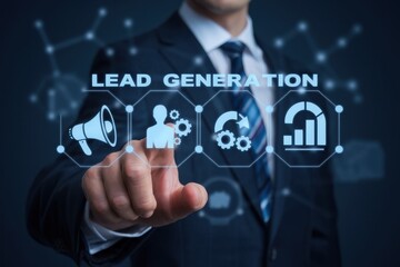 Businessman Interacting with Lead Generation Icon on Virtual Screen
