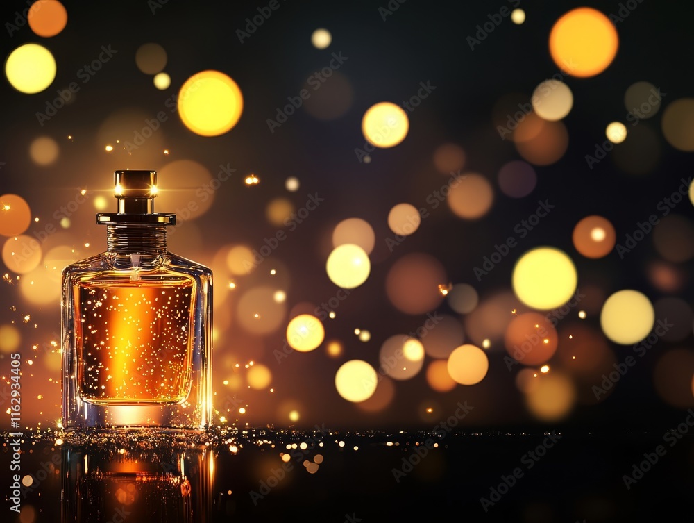 Poster a sparkling perfume, mockup bottle illuminated by warm bokeh light, creating an elegant atmosphere.