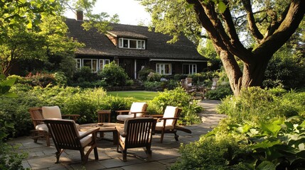 Obraz premium A serene garden with seating around a fire pit, surrounded by lush greenery and a cozy home.