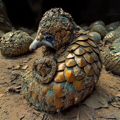 Fototapeta premium Unique Pangolin Sculpture with Intricate Metal Scales and Realistic Texture in Rustic Art Gallery Environment Surrounded by Naturalistic Elements