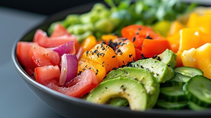 A colorful salad with a variety of vegetables including tomatoes, cucumbers