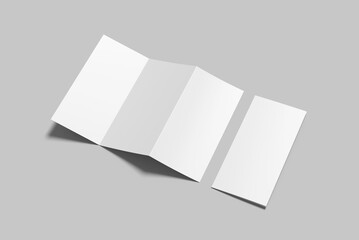 Tri fold vertical card mockups, flyer, brochure or invitation mockup, blank tri fold brochure template, 3D render illustration