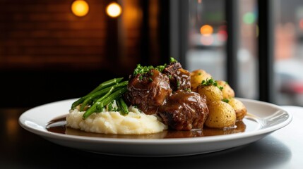 A plate of food with meat, potatoes, and green beans