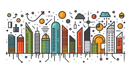Vector illustration and graphic design of a colorful modern city skyline with geometric patterns and vibrant icons