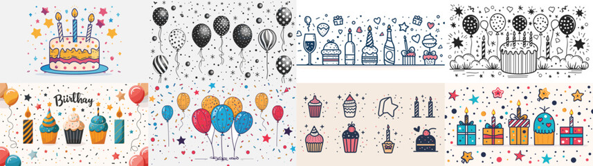 Vector illustration of a cheerful birthday celebration scene with cakes, cupcakes, balloons, and colorful decorations