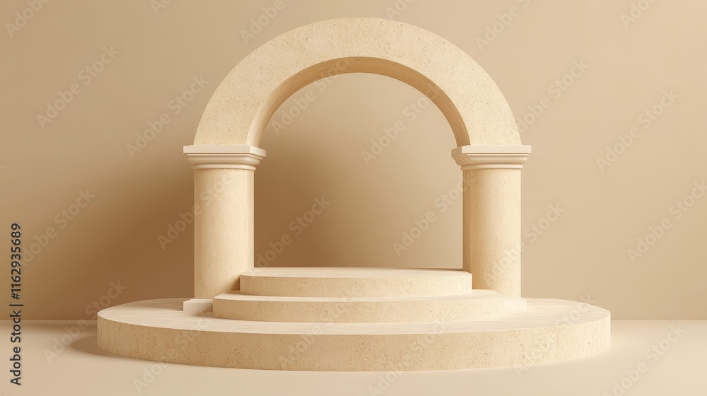 Poster a minimalist architectural display featuring an arch and steps in soft beige tones.