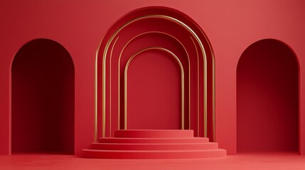 Fototapeta premium A minimalist red stage, podium with golden arches, designed for presentations or displays.
